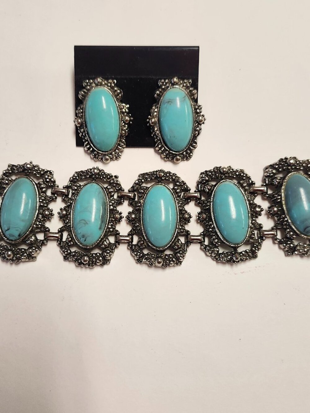 Vintage 50's Chunky Faux Cabochon Turquoise Bracelet & Clip On Earring Set